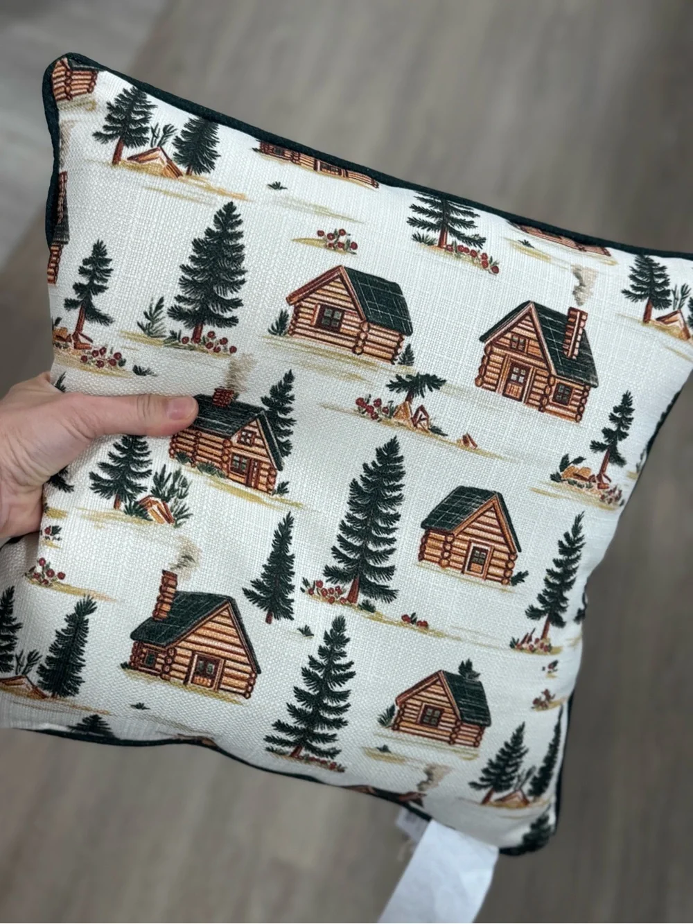 Cabin Print Decorative Pillow - White with Green and Brown